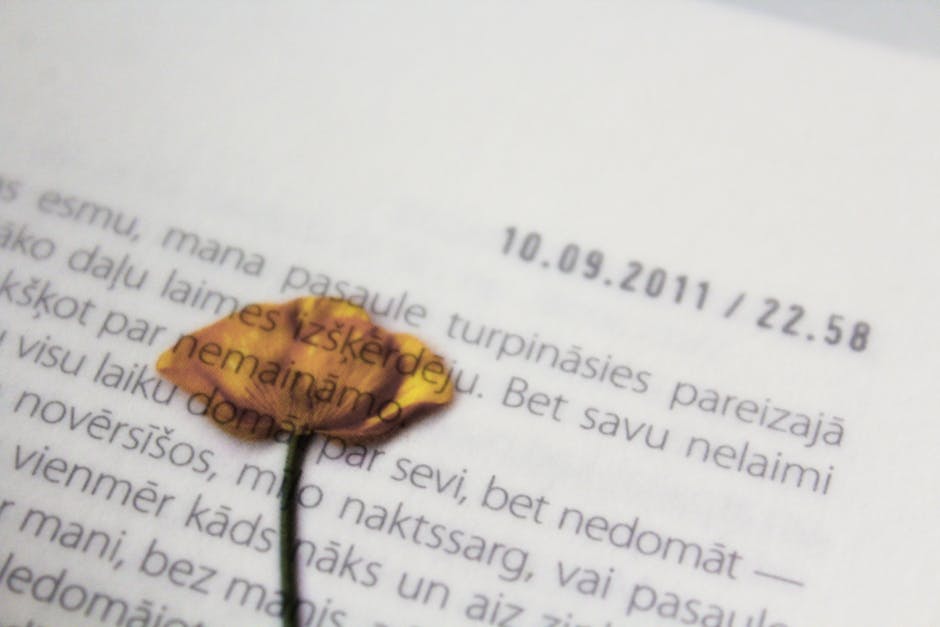 Close-up of a dried flower resting on a book page beside a printed date and time.